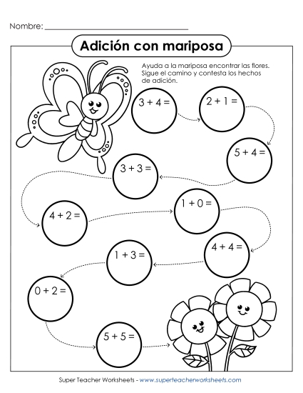 Sumas con mariposa (Sumandos hasta 10, sumas hasta 10) Gratis Worksheet