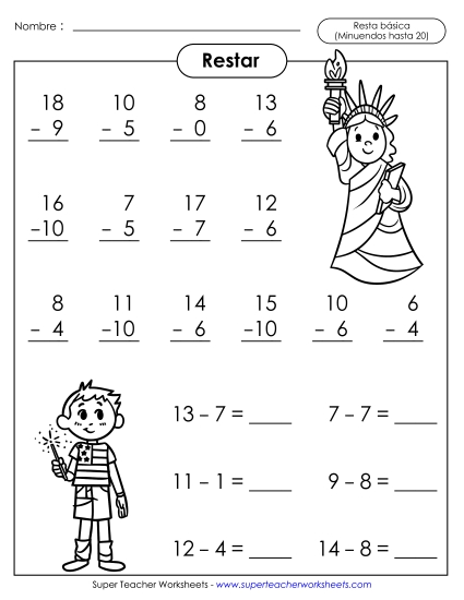 Restas Básicas: Patriótico Gratis Worksheet