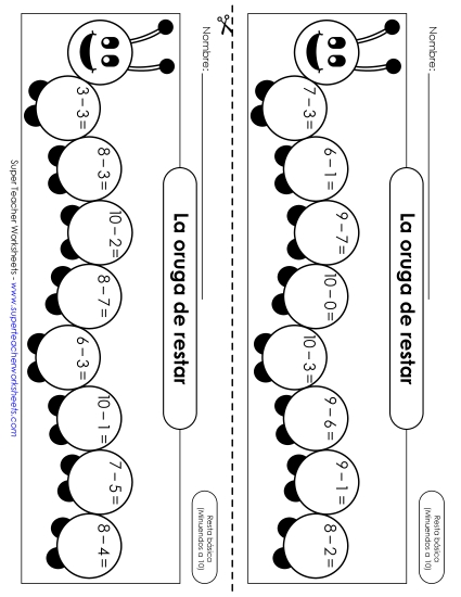 Oruga de resta (Restas hasta 10) Gratis Worksheet