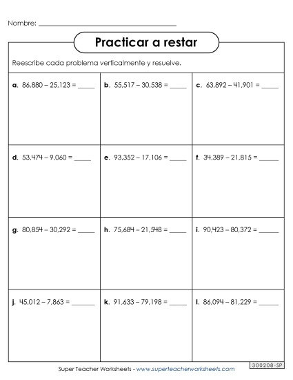 Cajas de Resta Gratis Worksheet