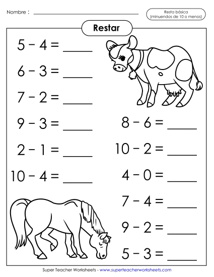 Operaciones básicas de resta: Animales (Horizontal) Gratis Worksheet