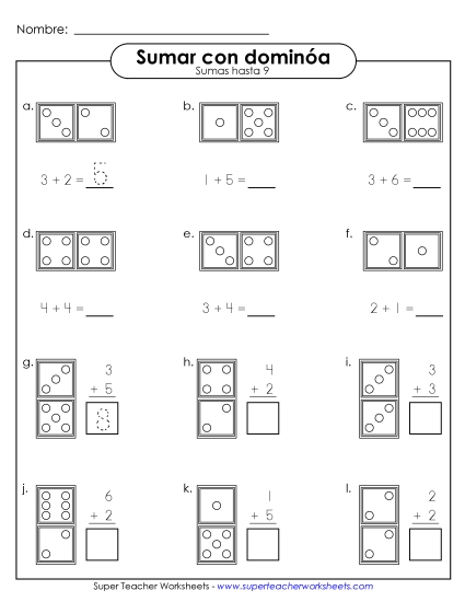 Sumas con Dominós (Sumas hasta 9) Gratis Worksheet