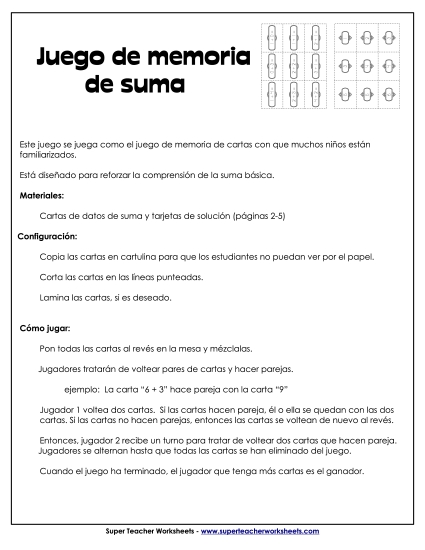 Juego de memoria con sumas Gratis Worksheet