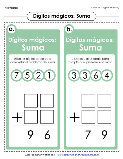 Juego de Dígitos Mágicos (2 dígitos sin llevar) Gratis Suma Worksheet