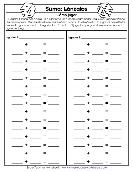 Juego de Dados de Suma Actividad (Dos Jugadores) Gratis Worksheet