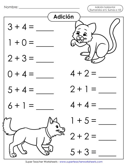 Operaciones básicas de suma: Mascotas (Horizontal) Gratis Worksheet