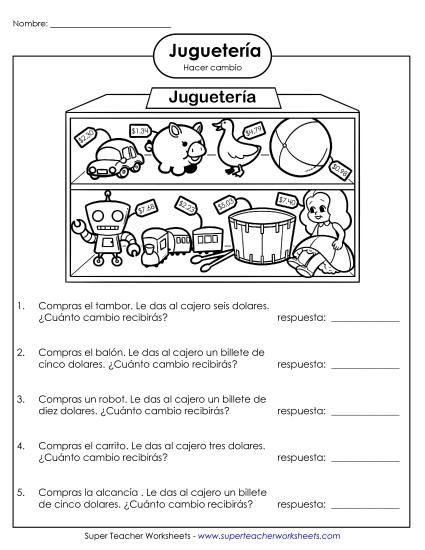 Resta de Dinero: Juguetería (Medio) Gratis Worksheet