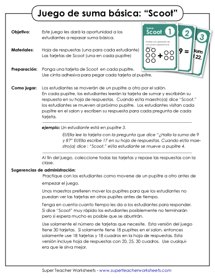 Sumas Básicas: Juego de Scoot Gratis Worksheet
