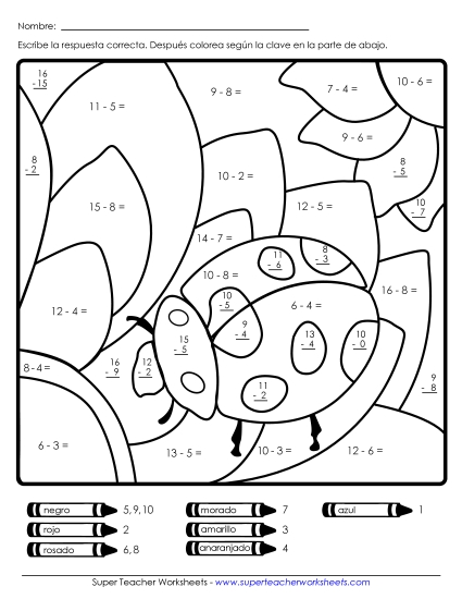 Imagen Misteriosa: Mariquita Gratis Resta Worksheet