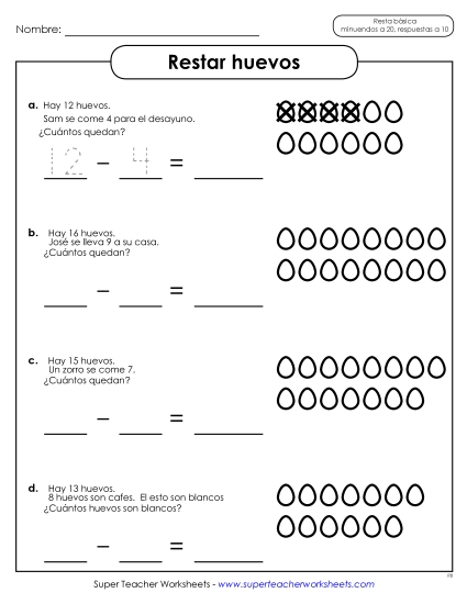 Restas divertidas con huevos Gratis Worksheet