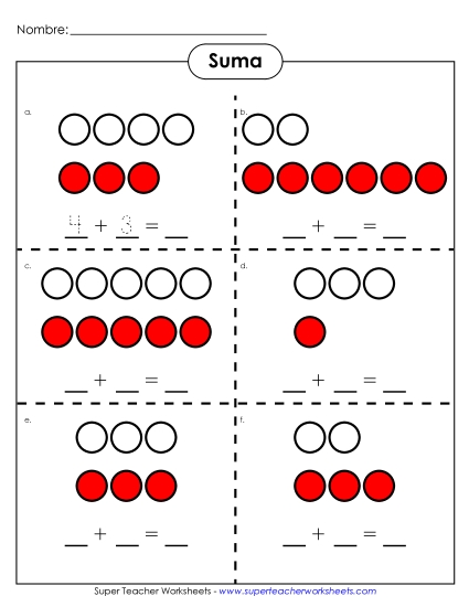 Adición: Imágenes de Contadores (Sumas hasta 10) Gratis Worksheet
