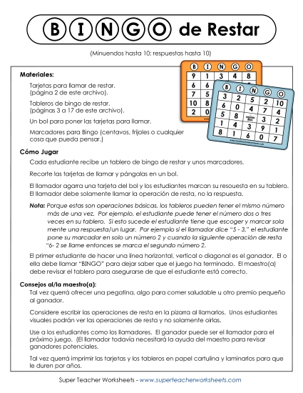 Bingo de Resta (Hechos Básicos Dentro de 10) Gratis Worksheet