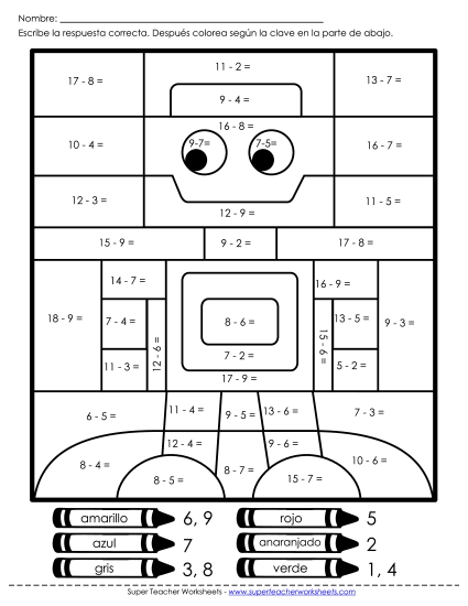 Imagen Misteriosa: Robot Gratis Resta Worksheet