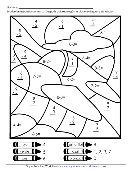 Imagen Misteriosa: Avión Gratis Resta Worksheet