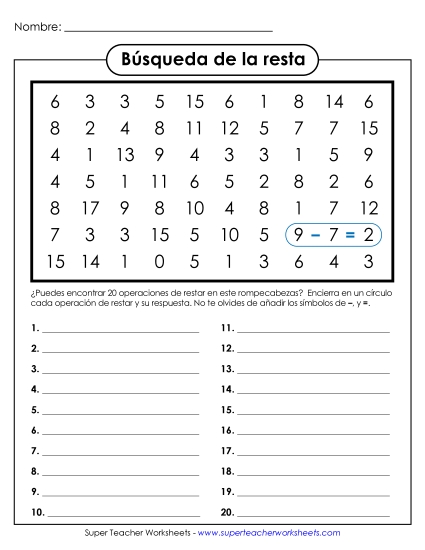 Sopa de Números de Resta Gratis Worksheet