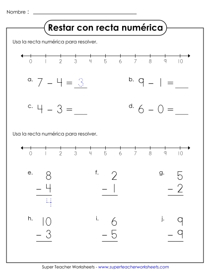 Resta con recta numérica 4 Gratis Worksheet