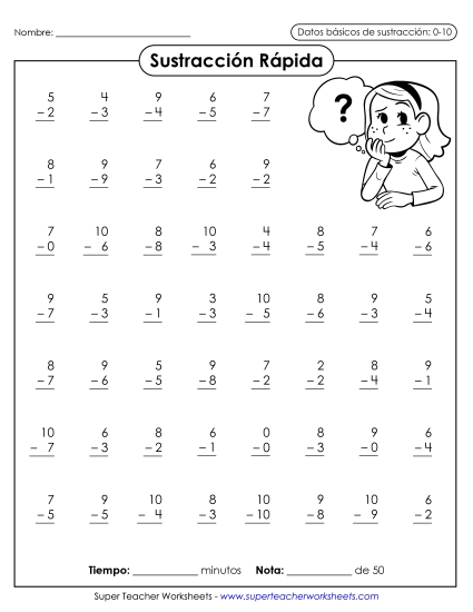 Resta Rápida 0-10 (Versión 3) Gratis Worksheet