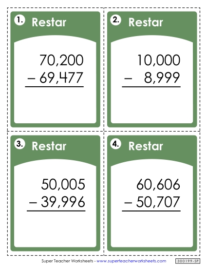 Tarjetas de tarea: Resta de 5 dígitos cruzando el cero Gratis Worksheet