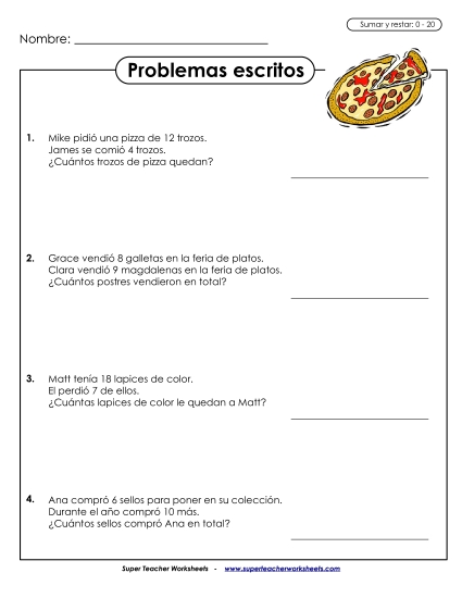 Problemas de Palabras: Datos 0-20 Gratis Suma Y Resta Mixtas Worksheet