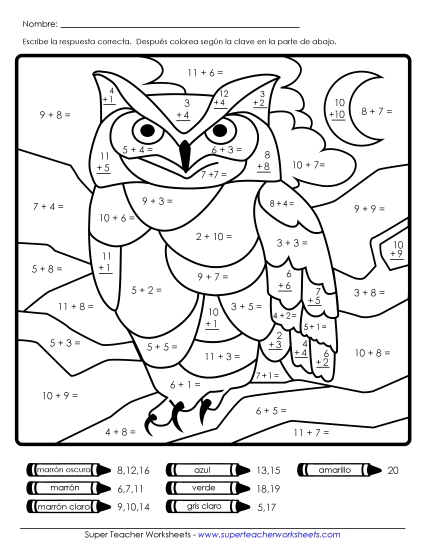 Imagen Misteriosa de Suma: Búho Gratis Worksheet