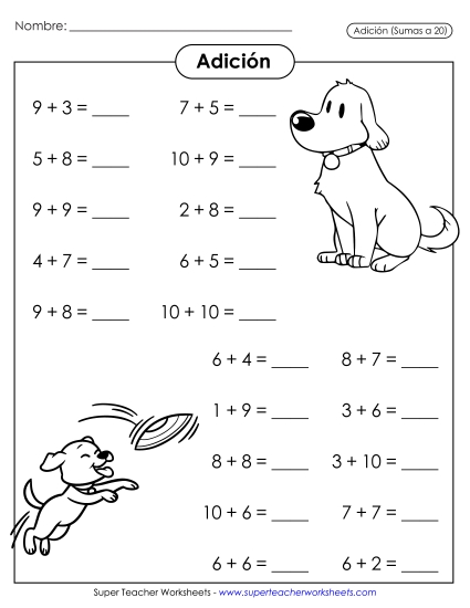 Sumas Básicas: Perros (Horizontal) Gratis Worksheet