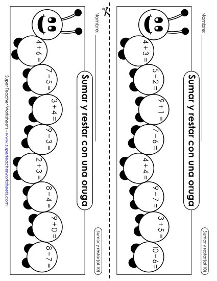 Suma y Resta: Oruga (Hasta 10) Gratis Suma Y Resta Mixtas Worksheet