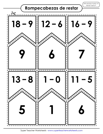 Resta: Minuendos hasta 18, Sustraendos hasta 9 Gratis Worksheet