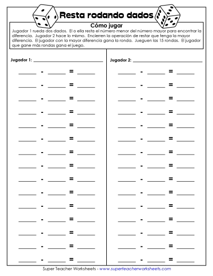 Juego de Dados de Resta (2 Jugadores) Gratis Worksheet