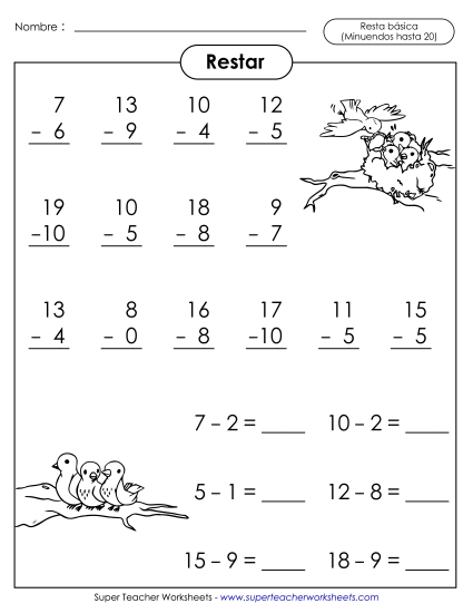 Hechos Básicos de Sustracción: Aves Gratis Resta Worksheet