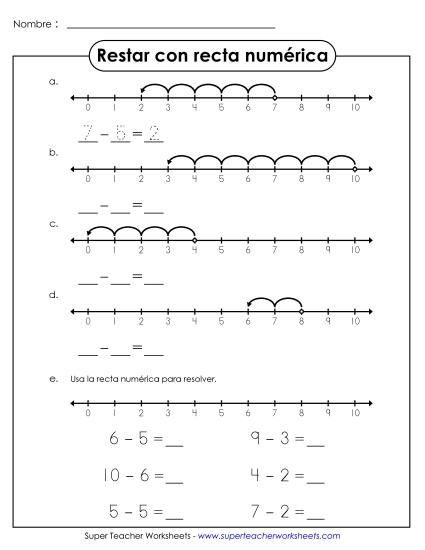 Resta con recta numérica Gratis Worksheet
