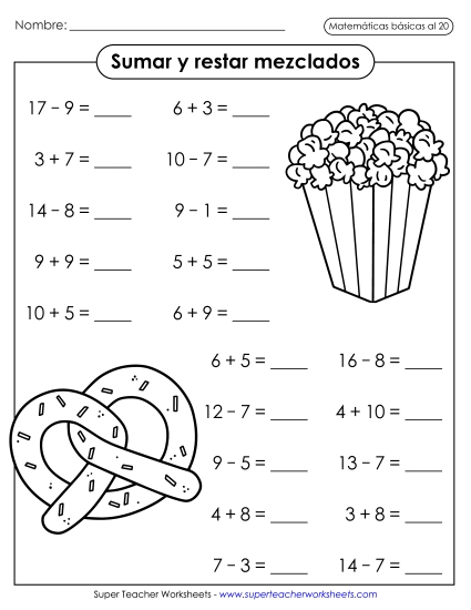 Suma y Resta: Meriendas (Horizontal) Gratis Suma Y Resta Mixtas Worksheet