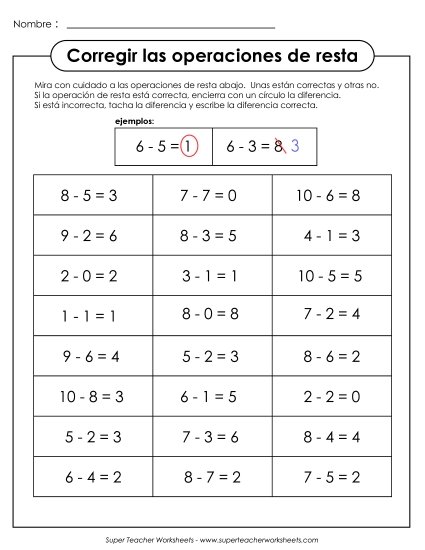 Corrija la Resta Gratis Worksheet