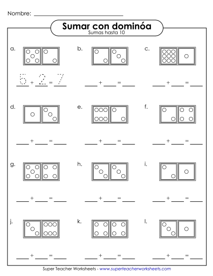 Sumas con Dominós (Completar - Sumas hasta 10) Gratis Worksheet