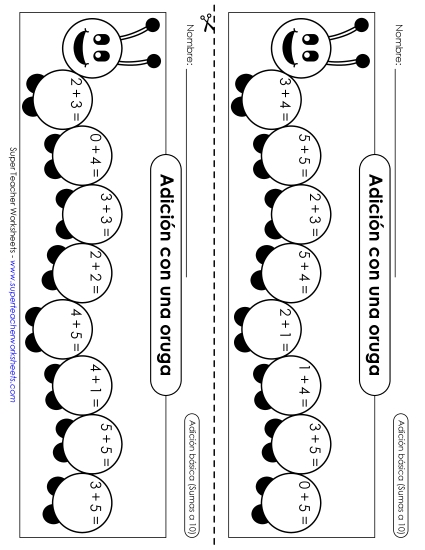 Oruga de las sumas (Sumas hasta 10) Gratis Worksheet