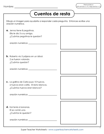 Historias de Resta Gratis Worksheet