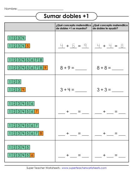 Bloques Numéricos - Dobles +1 Gratis Suma Worksheet