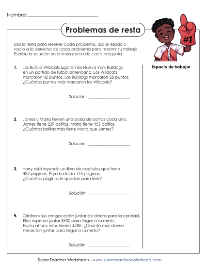 Problemas de Palabras de Resta Gratis Worksheet