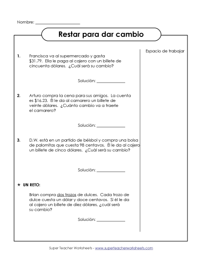 Problemas de Palabras de Resta: Dar Cambio (Medio) Gratis Worksheet
