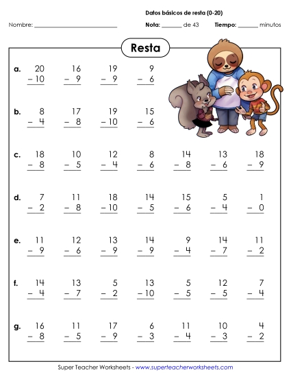 Restas Básicas (0-20) Gratis Worksheet