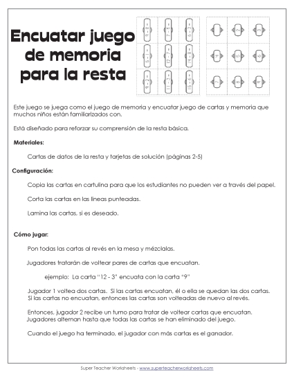 Juego de Correspondencia de Resta (Datos Básicos Hasta 20) Gratis Worksheet