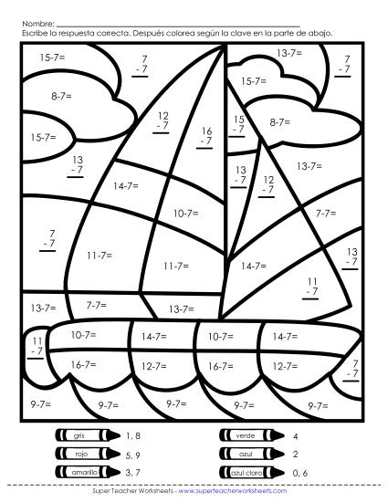 Imagen Misteriosa: Velero (Solo 7s) Gratis Resta Worksheet