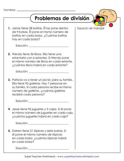 Problemas de División (Hechos Básicos) Gratis Division Worksheet