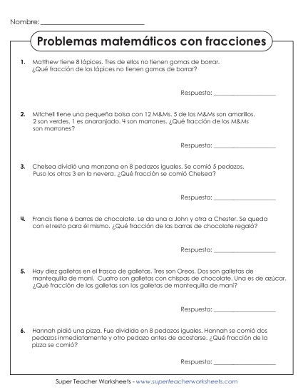 Problemas de Fracciones (Fáciles) Gratis Worksheet