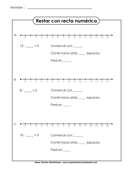 Línea de Números de Resta Básica #2 Gratis Worksheet