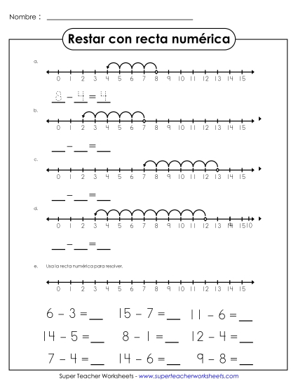 Línea Numérica de Resta Básica #1 Gratis Worksheet