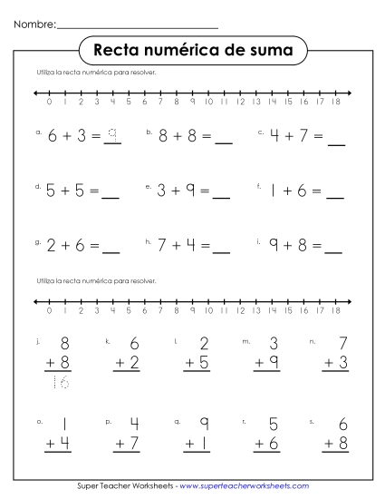 Línea Numérica de Suma Básica #2 Gratis Worksheet