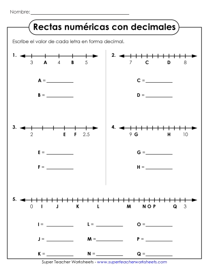 Línea Numérica Decimal Gratis Decimales Worksheet