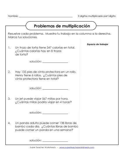 Problemas de Palabras de Multiplicación: 3 dígitos por 1 dígito Gratis Multiplicacion Worksheet