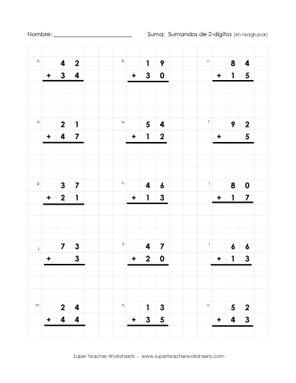 Matemáticas con Papel Cuadriculado: Suma de 2 Dígitos (Sin Reagrupar) Gratis Worksheet