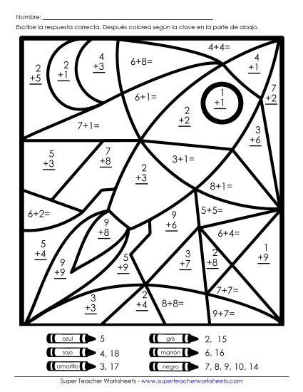 Imagen Misteriosa de Suma: Cohete Gratis Worksheet